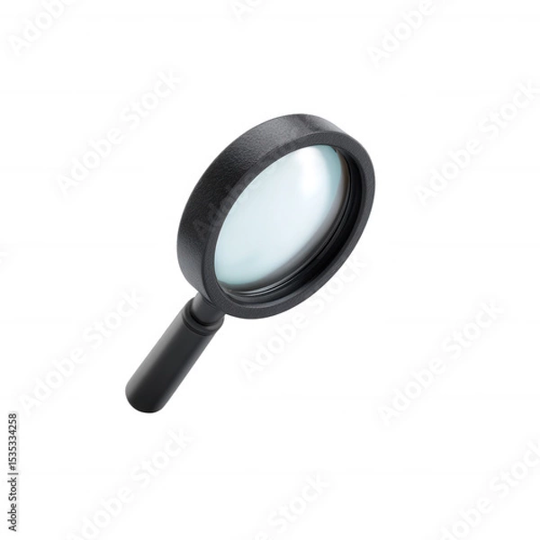 Fototapeta A black magnifying glass with a round lens, isolated on a white background, representing analysis, research, and investigation concepts.