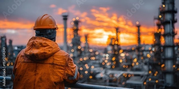 Fototapeta Rear view of an engineer in an orange hard hat, looking over a sprawling oil refinery at dusk. Warm, golden hour lighting creates a cinematic mood.