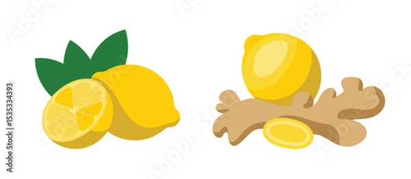 Fototapeta Lemons and ginger root slices illustration