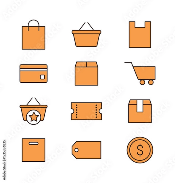 Fototapeta Set of line icons for shopping, mall and market concept in simple and minimalistic style. Card, shopping bag, shopping cart, box, cart, coupon, courier, shipping, label, money.