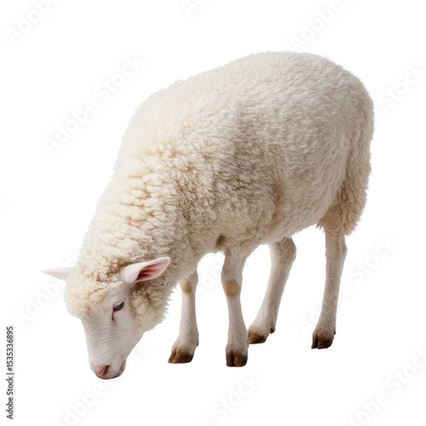 Fototapeta A sheep grazing on green grass, showcasing its fluffy white wool and calm demeanor. Perfect for agricultural themes, nature scenes, or farm-related content.