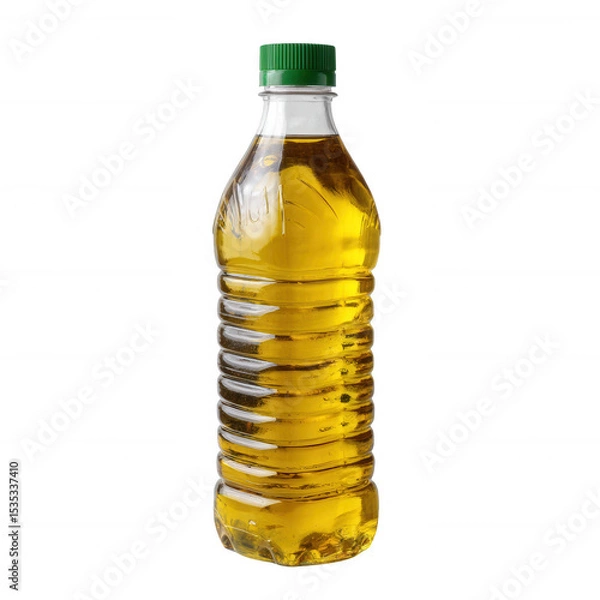 Fototapeta A transparent plastic bottle filled with golden cooking oil, featuring a green cap, on a white isolated background.