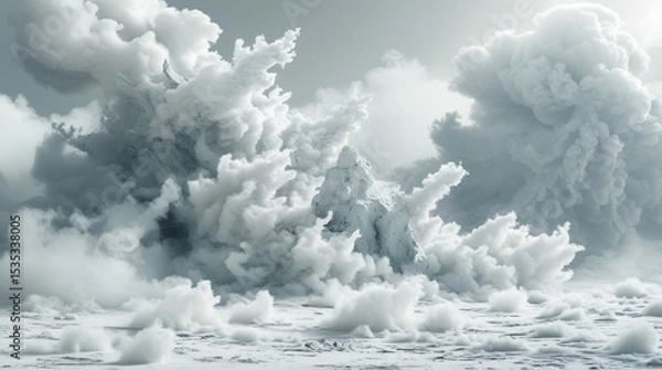 Fototapeta Epic volcanic eruption with dense smoke and ash clouds in monochrome landscape. Dramatic natural disaster scene with explosive plume and atmospheric intensity.