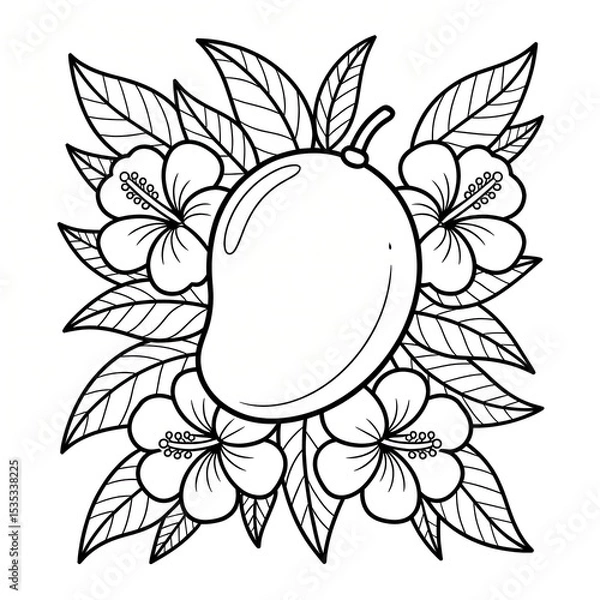 Obraz Mango surrounded by hibiscus flowers and leaves in black and white