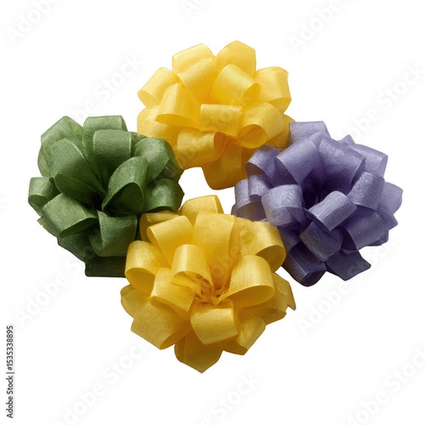 Fototapeta Colorful decorative gift bows in yellow, green, and purple, adding a festive touch to any present. Perfect for celebrations and special occasions.