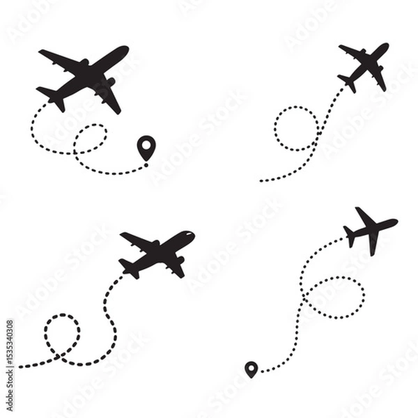 Fototapeta Travel concept Dotted path airplane Aircraft tracking. Line path vector icons of air plane flight routes with start point and dash line trace