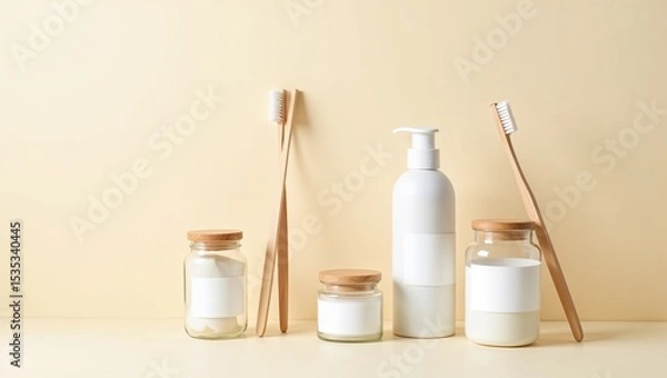 Obraz Minimalistic beauty products and bamboo toothbrushes arranged aesthetically on a soft background
