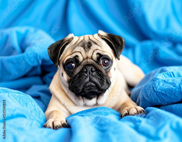 Fototapeta An old pug laying on a blue blanket. AI