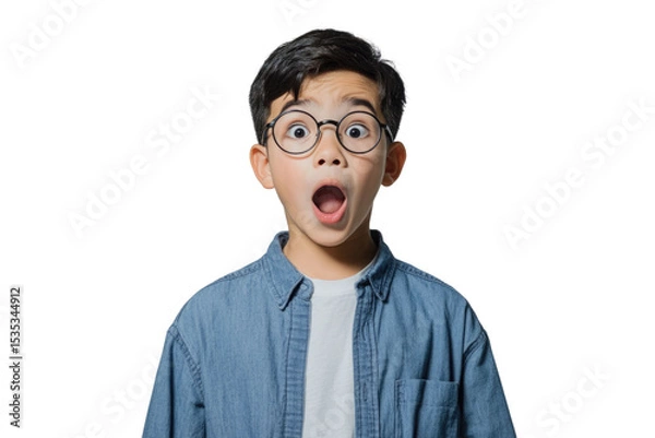 Obraz Wow look, advertise here! Portrait of boy with to empty place on background, Elementary school child surprised showing copy space for promotional ad. indoor studio shot PNG