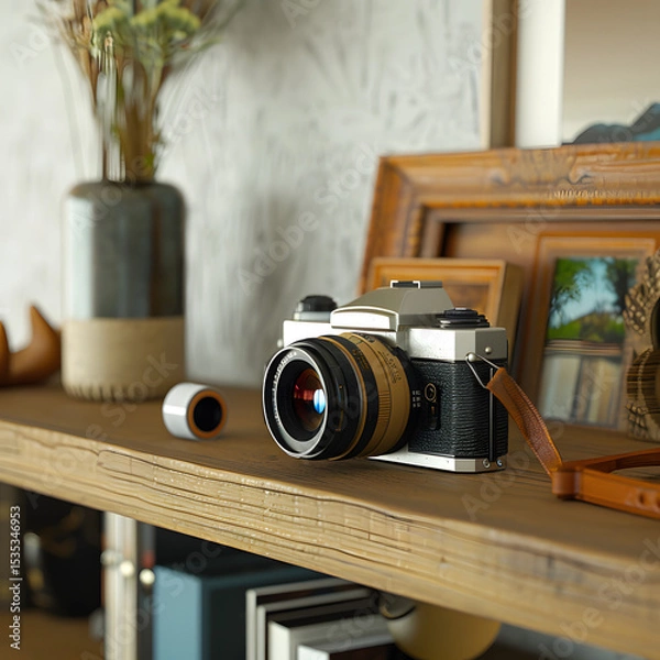 Fototapeta Vintage Camera on a Wooden Shelf with a Roll of Film