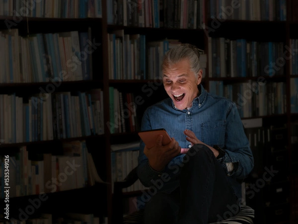 Obraz Man with surprised expression using a tablet in a home library