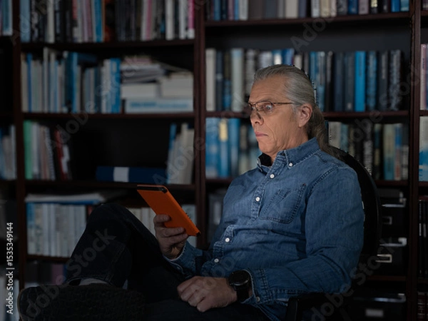 Obraz Man with scared expression holding an orange tablet in a library surrounded by books
