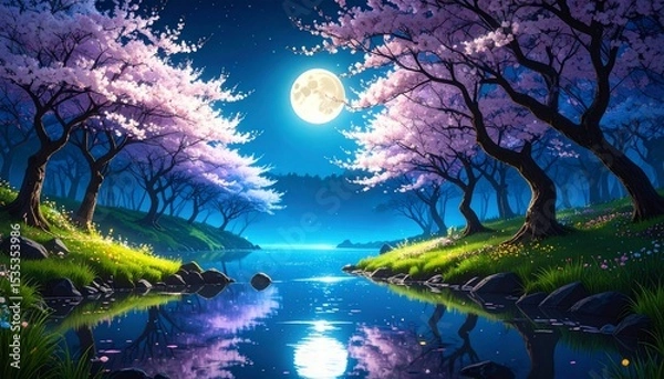 Fototapeta 美しい桜と幻想的な風景、反射する水面と綺麗な月、スタイリッシュな背景画像　Generated by AI	