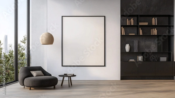 Fototapeta Modern Living Room Interior Design with Blank Canvas and City View