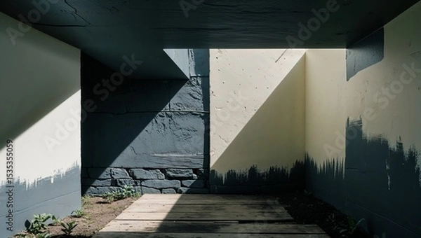 Fototapeta Geometric sunlight patterns across a rustic indoor space with concrete and wood details