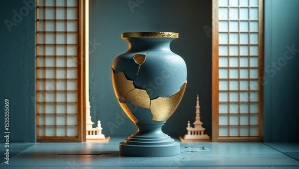 Fototapeta Kintsugi vase with golden cracks standing in a room with Japanese style doors
