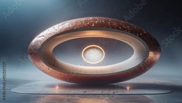 Fototapeta Bronze and concrete oval sculpture with illuminated sphere center on reflective surface