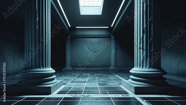 Fototapeta Dilapidated Hallway with Ionic Columns and Cracked Walls Lit by Overhead Skylight