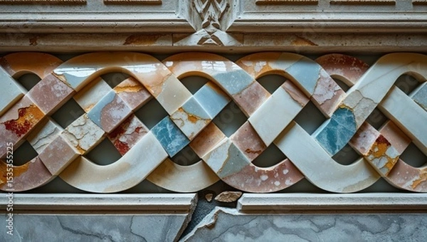 Fototapeta Intricate interwoven marble stone wall art design with aged elements and weathered appearance