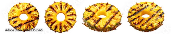 Obraz Grilled pineapple rings with char marks isolated on white background, ideal for tropical food, barbecue, and healthy fruit recipes cut out isolated Transparent PNG Elements