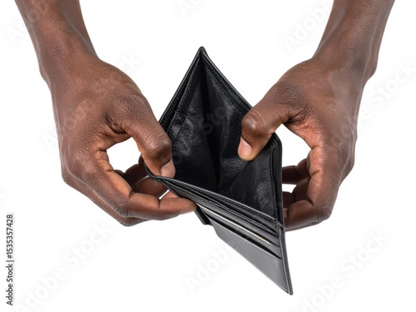 Obraz Close-up of hands holding an empty black leather wallet, isolated on white background, symbolizing financial hardship or lack of money cut out isolated Transparent PNG Elements