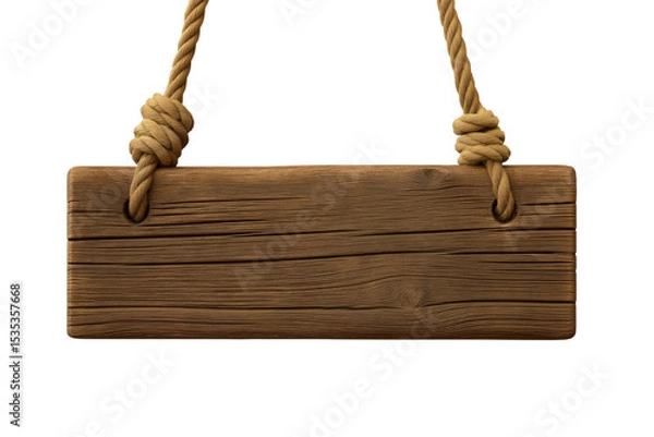 Fototapeta Weathered wooden sign suspended from ropes, ready for custom messaging against transparent backdrop