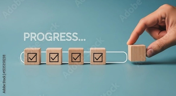 Fototapeta Checklist and task progress tracking concept. A hand placing the final checkmark on wooden blocks in a progress bar, task completion, productivity, goal setting, and efficient project management. 