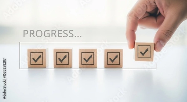 Fototapeta Checklist and task progress tracking concept. A hand placing the final checkmark on wooden blocks in a progress bar, task completion, productivity, goal setting, and efficient project management. 