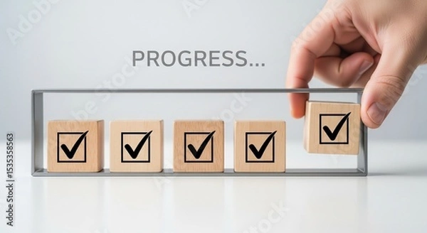 Fototapeta Checklist and task progress tracking concept. A hand placing the final checkmark on wooden blocks in a progress bar, task completion, productivity, goal setting, and efficient project management. 