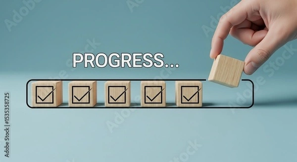Fototapeta Checklist and task progress tracking concept. A hand placing the final checkmark on wooden blocks in a progress bar, task completion, productivity, goal setting, and efficient project management. 