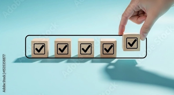 Obraz Checklist and task progress tracking concept. A hand placing the final checkmark on wooden blocks in a progress bar, task completion, productivity, goal setting, and efficient project management. 
