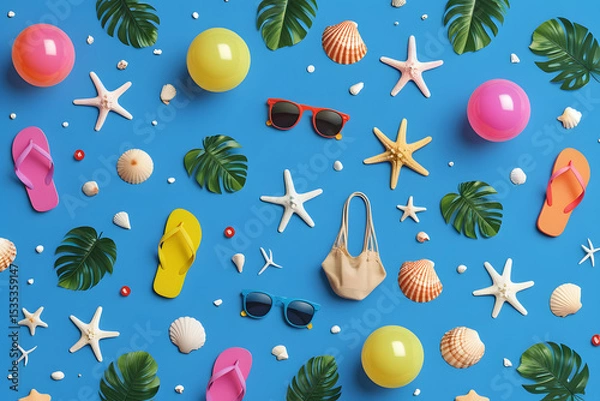 Fototapeta Flat Lay of Summer Objects on Blue Background with Inflatable Flamingos, Ice Cream, and Sunglasses