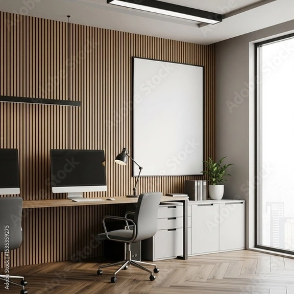 Fototapeta  Modern office interior with computer desk, vertical slats and blank poster on wall, bright window view and minimal workspace concept. 3D Rendering 