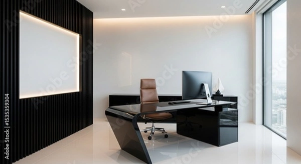 Fototapeta  Modern office interior with computer desk, vertical slats and blank poster on wall, bright window view and minimal workspace concept. 3D Rendering 