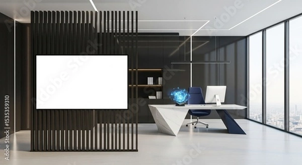Fototapeta  Modern office interior with computer desk, vertical slats and blank poster on wall, bright window view and minimal workspace concept. 3D Rendering 