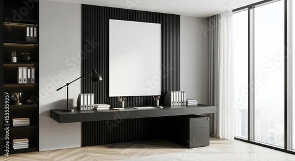 Fototapeta  Modern office interior with computer desk, vertical slats and blank poster on wall, bright window view and minimal workspace concept. 3D Rendering 