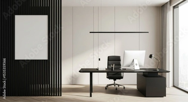 Fototapeta  Modern office interior with computer desk, vertical slats and blank poster on wall, bright window view and minimal workspace concept. 3D Rendering 