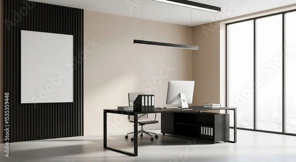 Fototapeta  Modern office interior with computer desk, vertical slats and blank poster on wall, bright window view and minimal workspace concept. 3D Rendering 