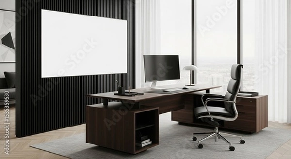 Fototapeta  Modern office interior with computer desk, vertical slats and blank poster on wall, bright window view and minimal workspace concept. 3D Rendering 