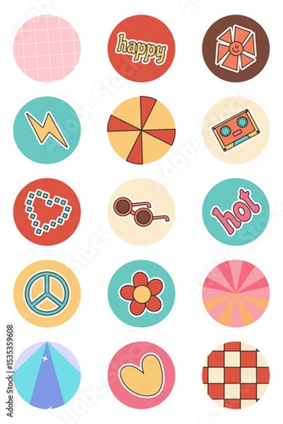 Fototapeta Highlights icons sun, flower, heart, pacific, squares, circle, lighning, glasses, cassettes in retro groovy style y2k set for stickers, icons