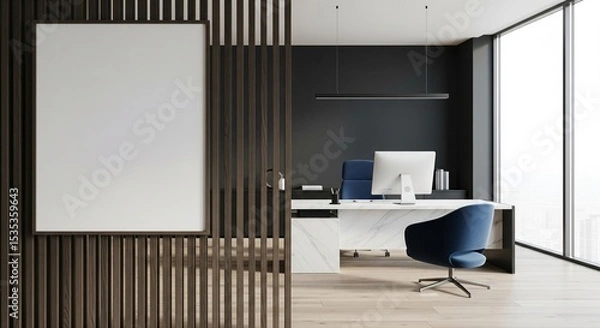 Fototapeta  Modern office interior with computer desk, vertical slats and blank poster on wall, bright window view and minimal workspace concept. 3D Rendering 