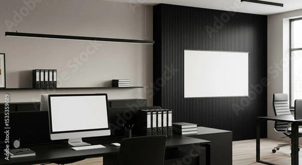 Fototapeta  Modern office interior with computer desk, vertical slats and blank poster on wall, bright window view and minimal workspace concept. 3D Rendering 