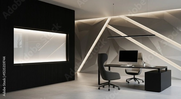 Fototapeta  Modern office interior with computer desk, vertical slats and blank poster on wall, bright window view and minimal workspace concept. 3D Rendering 