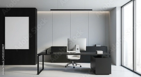 Fototapeta  Modern office interior with computer desk, vertical slats and blank poster on wall, bright window view and minimal workspace concept. 3D Rendering 