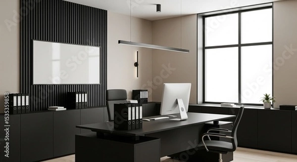 Fototapeta  Modern office interior with computer desk, vertical slats and blank poster on wall, bright window view and minimal workspace concept. 3D Rendering 