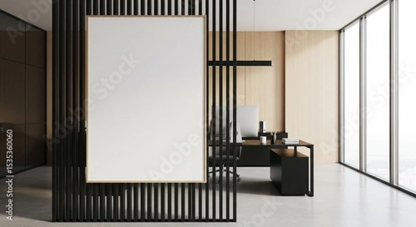 Fototapeta  Modern office interior with computer desk, vertical slats and blank poster on wall, bright window view and minimal workspace concept. 3D Rendering 