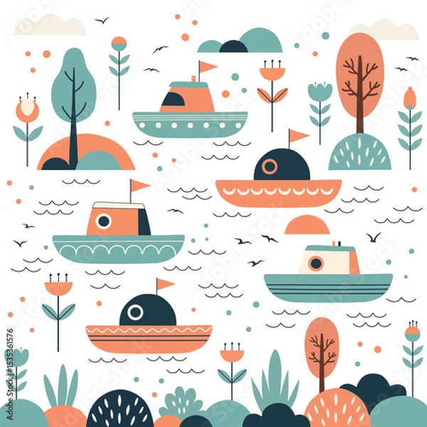 Obraz Marine pattern with cartoon cute boats on white background