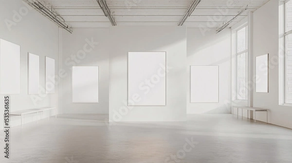 Fototapeta Minimalist White Gallery Interior with Empty Frames and Natural Light