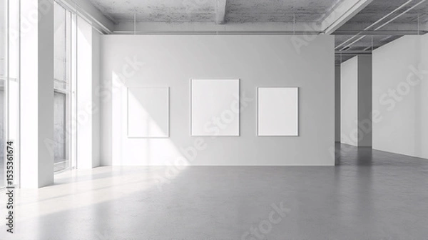 Fototapeta Minimalist Gallery Interior with Blank Frames and Sunlight
