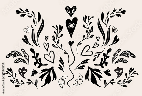 Fototapeta Abstract doodle heart illustration. Folk art style Valentines day hearts, flower and plants. Isolated vector objects.